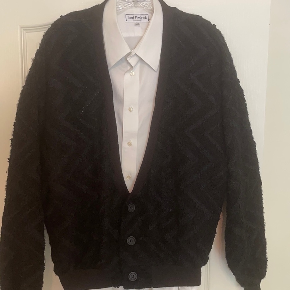 Beautiful Wool Cardigan Sweater Black on Black classy & rich looking Size L